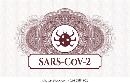 Red passport money style rosette with bug icon and SARS-CoV-2 text inside