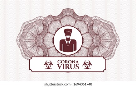 Red passport money style rosette with man wearing face mask icon and Coronavirus text inside