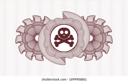 Red passport money style rosette with crossbones icon inside