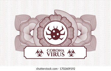Red passport money style rosette. Vector Illustration. Detailed with bug icon and Coronavirus text inside