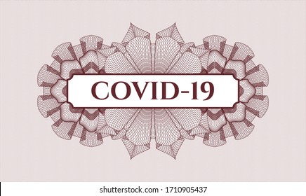 Red passport money style rosette. Vector Illustration. Detailed with text COVID-19 inside