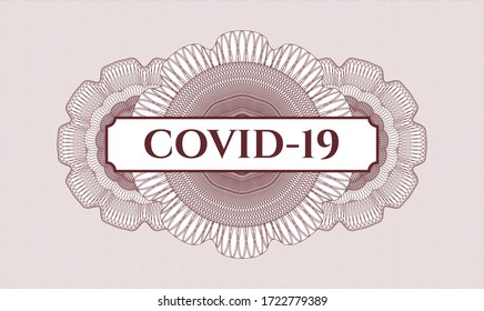 Red passport money style rosette. Vector Illustration. Detailed with text COVID-19 inside