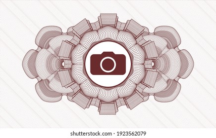 Red passport money style rosette. Vector Illustration. Detailed with photo camera icon inside