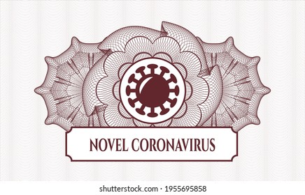 Red passport money style rosette. Vector Illustration. Detailed with coronavirus icon and Novel Coronavirus text inside