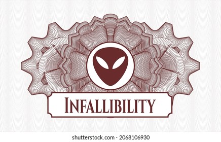 Red passport money style rosette. Vector Illustration. Detailed with alien icon and Infallibility text inside