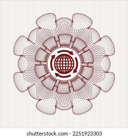 Red passport money style rosette. with globalization icon inside