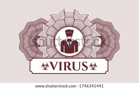Red passport money style rosette. Vector Illustration. Detailed with man wearing face mask icon and Virus text inside