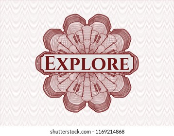 Red passport money style rossete with text Explore inside