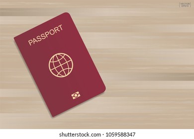 Red passport on wood pattern and texture background. Vector illustration.