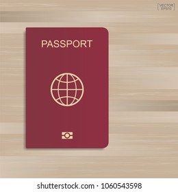 Red passport on wood pattern and texture background. Vector illustration.