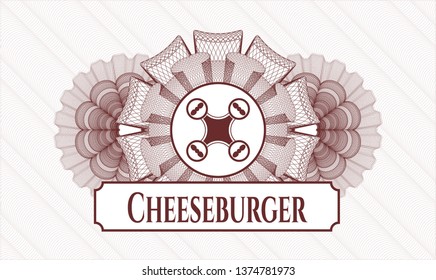 Red passport rosette with air drone icon and Cheeseburger text inside