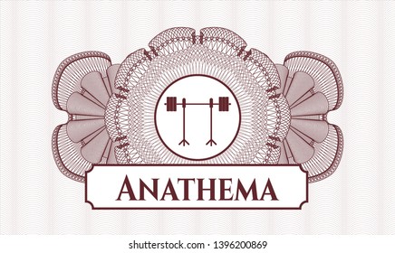 Red passport rosette with barbell on rack icon and Anathema text inside