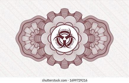 Red passport rosette with biohazard covid-19 icon inside