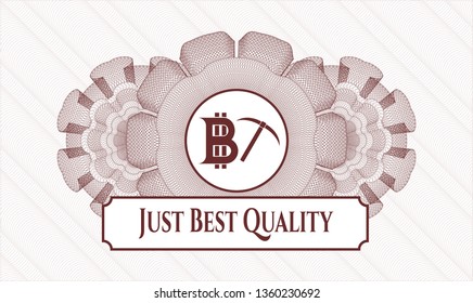 Red passport rosette with bitcoin mining icon and Just Best Quality text inside