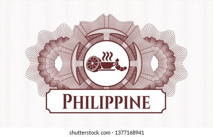 Red passport rosette with breakfast  icon and Philippine text inside