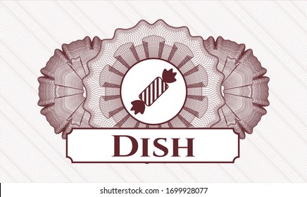 Rosette de pasaportes rojos con icono de caramelo y texto de Dish dentro