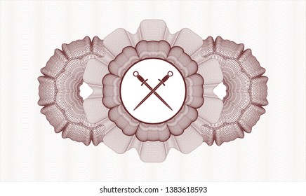 Red passport rosette with crossed swords icon inside