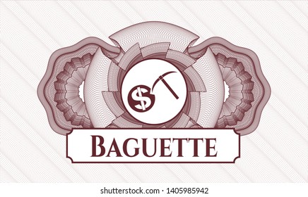 Red passport rosette with cryptocurrency mining icon and Baguette text inside