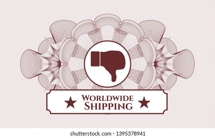 Red passport rosette with dislike icon and Worldwide Shipping text inside