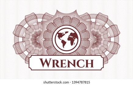 Red passport rosette with earth icon and Wrench text inside