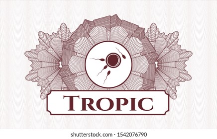 Red passport rosette with fertilization icon and Tropic text inside