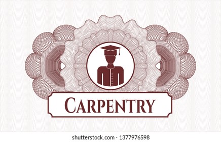 Red passport rosette with graduated icon and Carpentry text inside