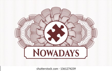 Red passport rosette with jigsaw puzzle piece icon and Nowadays text inside