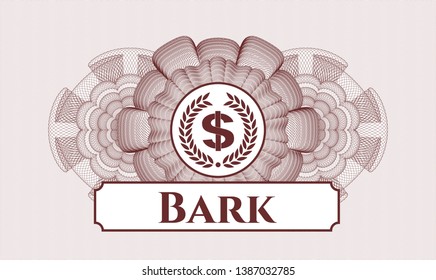 Red passport rosette with laurel wreath with money symbol inside icon and Bark text inside
