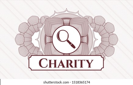 Red passport rosette with magnifying glass icon and Charity text inside - Powered by Shutterstock - Get 15% off with code: PIKWIZARD15