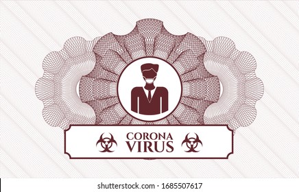 Red passport rosette with man wearing face mask icon and Coronavirus text inside