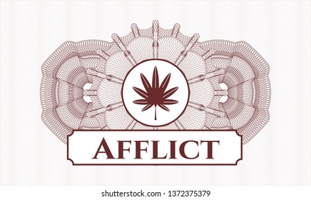 Red passport rosette with marijuana leaf, weed icon and Afflict text inside