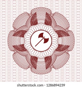 Red passport rosette with medieval axe icon inside