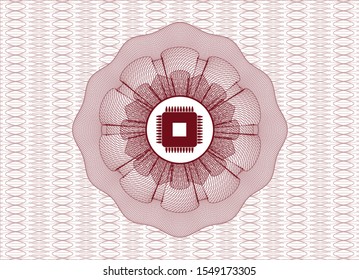 Red passport rosette with microchip, microprocessor icon inside