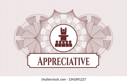 Red passport rosette with motivational speech icon and Appreciative text inside