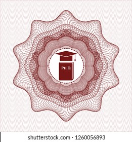 Red passport rosette with Phd thesis icon inside