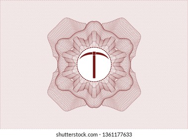 Red passport rosette with pickaxe icon inside