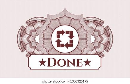 Red passport rosette with recycle icon and Done text inside