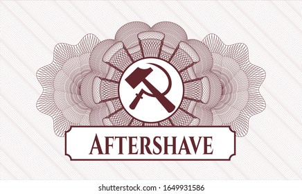 Red passport rosette with sickle and hammer icon and Aftershave text inside