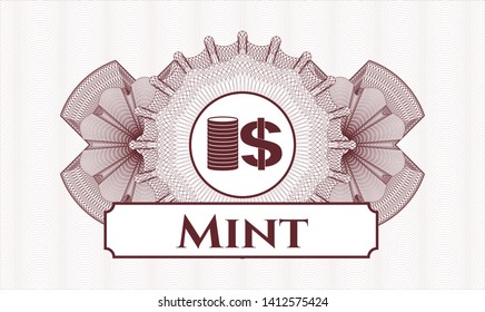 Red passport rosette with stack of coins icon and Mint text inside
