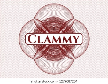 Red passport rosette with text Clammy inside