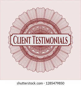 Red passport rosette with text Client Testimonials inside