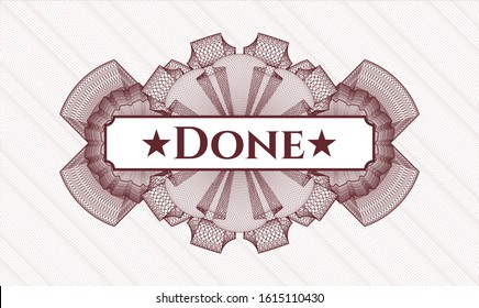Red passport rosette with text Done inside