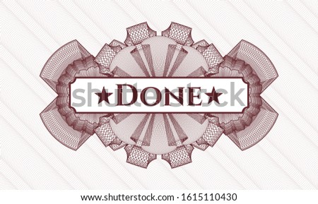 Red passport rosette with text Done inside