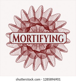 Red passport rosette with text Mortifying inside