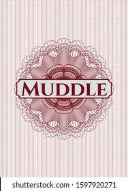 Red passport rosette with text Muddle inside