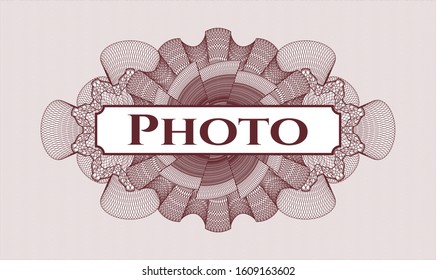 Red passport rosette with text Photo inside