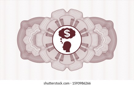Red passport rosette with thinking in money icon inside