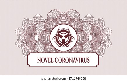 Red passport rosette. Vector Illustration. Detailed with biohazard covid-19 icon and Novel Coronavirus text inside
