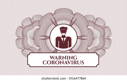 Red passport rosette. Vector Illustration. Detailed with man wearing face mask icon and Warning Coronavirus text inside