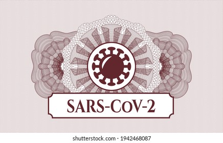 Rosette mit rotem Pass. Vektorgrafik. Detaillierte Angaben mit dem Coronavirus-Symbol und SARS-CoV-2-Text innerhalb